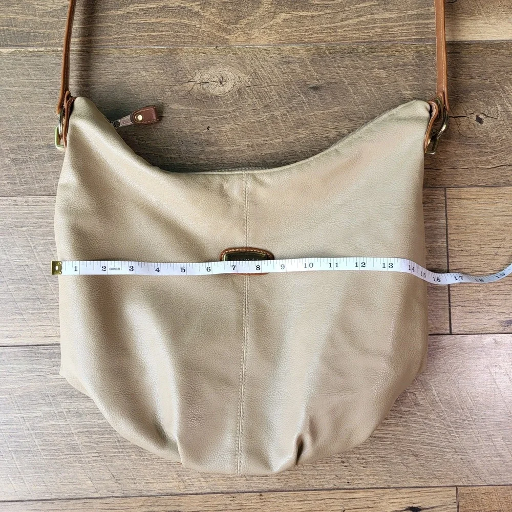 Capezio Vintage Beige Faux Leather Hobo Shoulder Bag Cognac Trim Gold Hardware